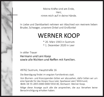 Traueranzeige von Werner Koop von Neue Osnabrücker Zeitung GmbH & Co. KG