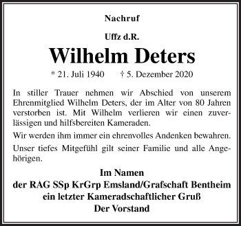 Traueranzeige von Wilhelm Deters von Neue Osnabrücker Zeitung GmbH & Co. KG