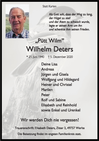Traueranzeige von Wilhelm Deters von Neue Osnabrücker Zeitung GmbH & Co. KG