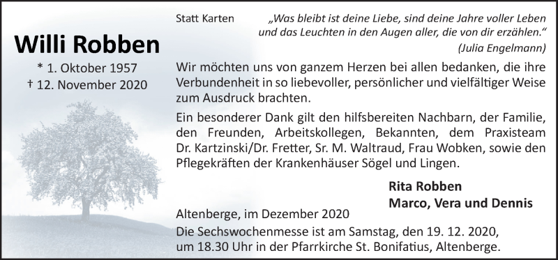  Traueranzeige für Willi Robben vom 16.12.2020 aus Neue Osnabrücker Zeitung GmbH & Co. KG