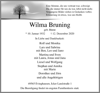 Traueranzeige von Wilma Bruning von Neue Osnabrücker Zeitung GmbH & Co. KG