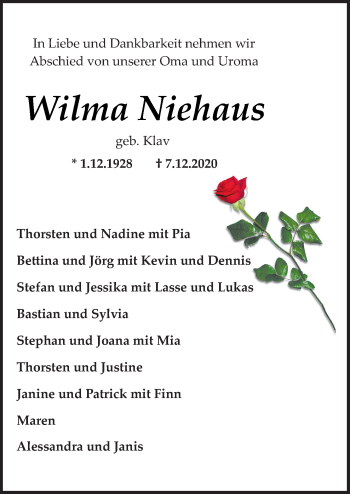 Traueranzeige von Wilma Niehaus von Neue Osnabrücker Zeitung GmbH & Co. KG