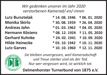 Traueranzeige von Wir gedenken Delmenhorster Turnerbund von 1875 e.V. von Neue Osnabrücker Zeitung GmbH & Co. KG