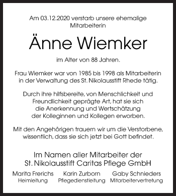 Traueranzeige von Änne Wiemker von Neue Osnabrücker Zeitung GmbH & Co. KG