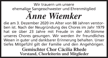 Traueranzeige von Änne Wiemker von Neue Osnabrücker Zeitung GmbH & Co. KG