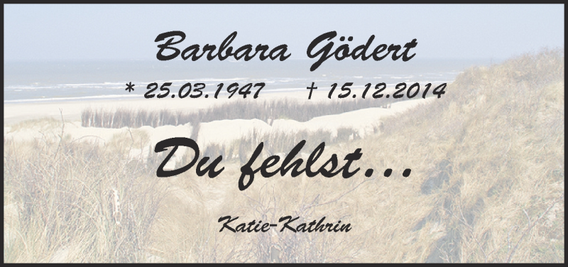  Traueranzeige für Barbara Gödert vom 14.12.2019 aus Neue Osnabrücker Zeitung GmbH & Co. KG