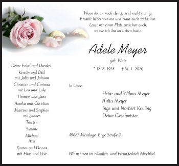 Traueranzeige von Adele Meyer von Neue Osnabrücker Zeitung GmbH & Co. KG
