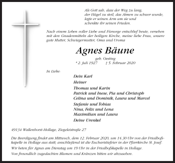 Traueranzeige von Agnes Bäune von Neue Osnabrücker Zeitung GmbH & Co. KG
