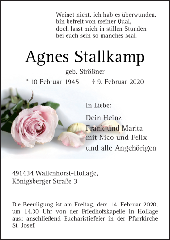 Traueranzeige von Agnes Stallkamp von Neue Osnabrücker Zeitung GmbH & Co. KG