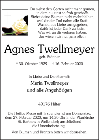 Traueranzeige von Agnes Twellmeyer von Neue Osnabrücker Zeitung GmbH & Co. KG