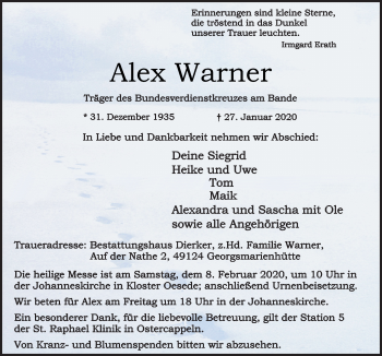 Traueranzeige von Alex Warner von Neue Osnabrücker Zeitung GmbH & Co. KG
