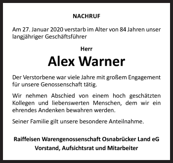 Traueranzeige von Alex Warner von Neue Osnabrücker Zeitung GmbH & Co. KG