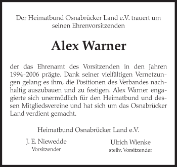 Traueranzeige von Alex Warner von Neue Osnabrücker Zeitung GmbH & Co. KG