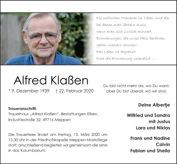 Traueranzeige von Alfred Klaßen von Neue Osnabrücker Zeitung GmbH & Co. KG