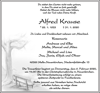 Traueranzeige von Alfred Krause von Neue Osnabrücker Zeitung GmbH & Co. KG