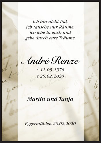 Traueranzeige von André Renze von Neue Osnabrücker Zeitung GmbH & Co. KG