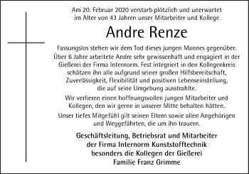 Traueranzeige von André Renze von Neue Osnabrücker Zeitung GmbH & Co. KG