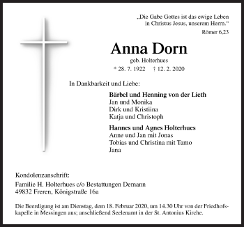 Traueranzeige von Anna Dorn von Neue Osnabrücker Zeitung GmbH & Co. KG