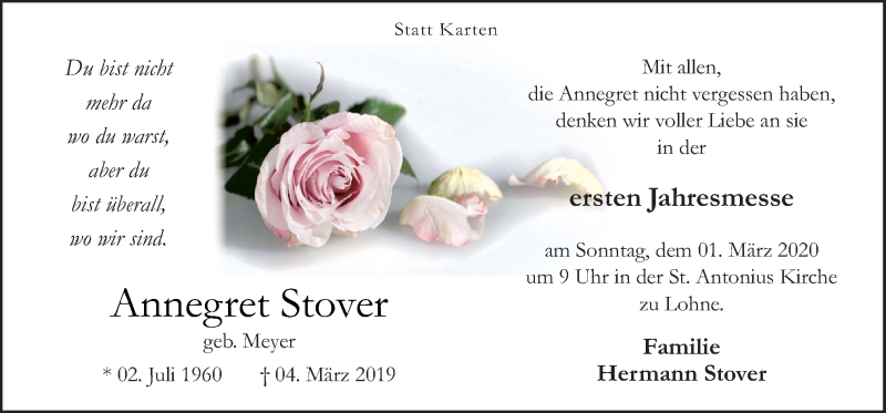  Traueranzeige für Annegret Stover vom 22.02.2020 aus Neue Osnabrücker Zeitung GmbH & Co. KG