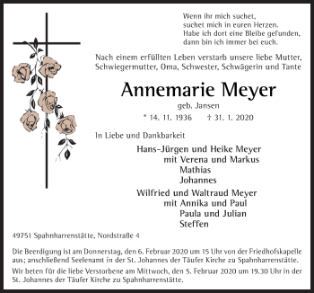 Traueranzeige von Annemarie Meyer von Neue Osnabrücker Zeitung GmbH & Co. KG