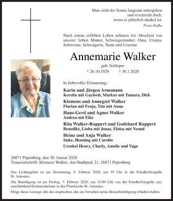 Traueranzeige von Annemarie Walker von Neue Osnabrücker Zeitung GmbH & Co. KG