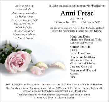 Traueranzeige von Anni Frese von Neue Osnabrücker Zeitung GmbH & Co. KG
