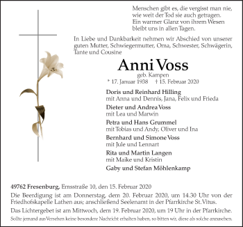 Traueranzeige von Anni Voss von Neue Osnabrücker Zeitung GmbH & Co. KG