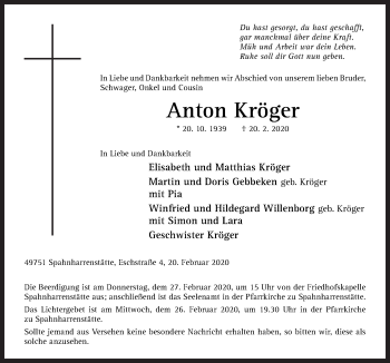 Traueranzeige von Anton Kröger von Neue Osnabrücker Zeitung GmbH & Co. KG