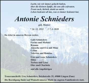 Traueranzeige von Antonie Schnieders von Neue Osnabrücker Zeitung GmbH & Co. KG