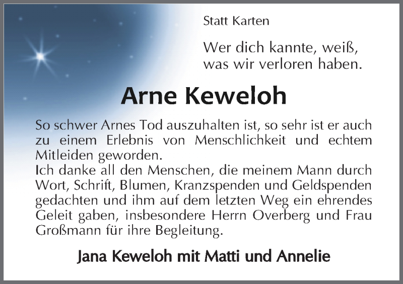  Traueranzeige für Arne Keweloh vom 01.02.2020 aus Neue Osnabrücker Zeitung GmbH & Co. KG