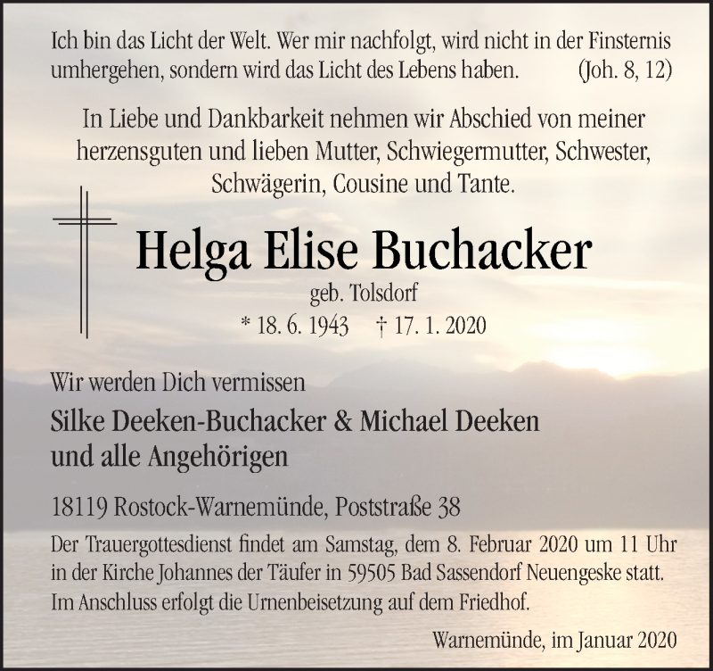  Traueranzeige für Arne Keweloh Buchacker vom 01.02.2020 aus Neue Osnabrücker Zeitung GmbH & Co. KG