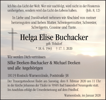 Traueranzeige von Arne Keweloh Buchacker von Neue Osnabrücker Zeitung GmbH & Co. KG