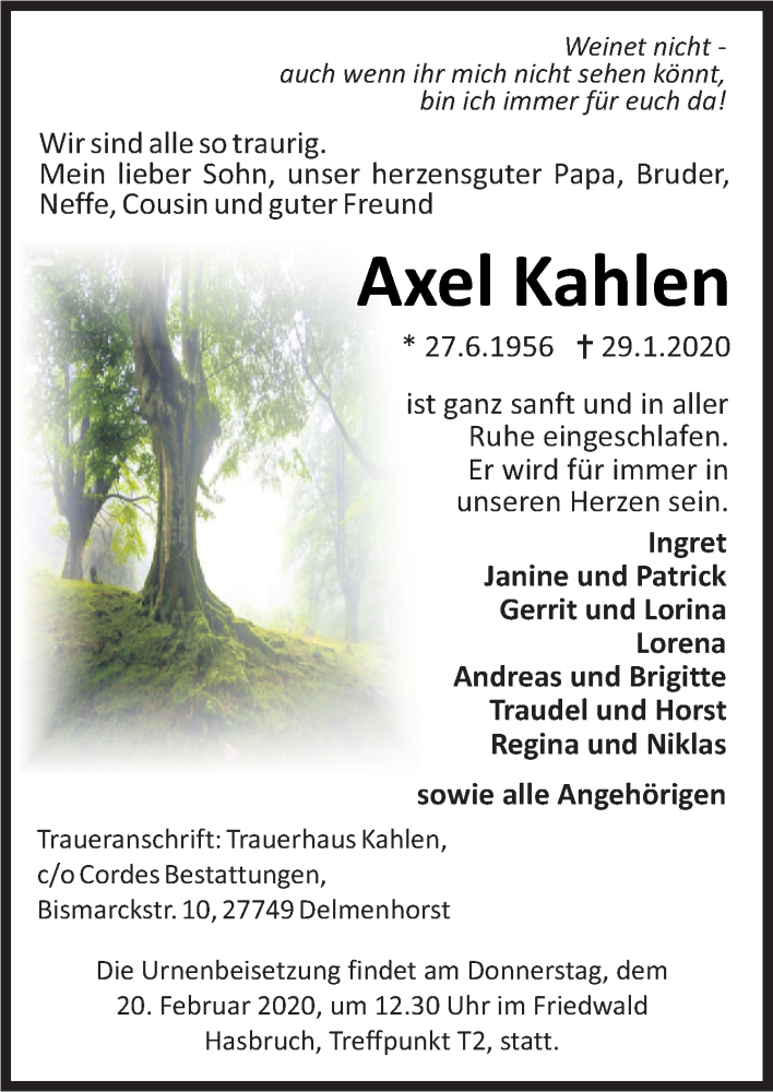  Traueranzeige für Axel Kahlen vom 08.02.2020 aus Neue Osnabrücker Zeitung GmbH & Co. KG