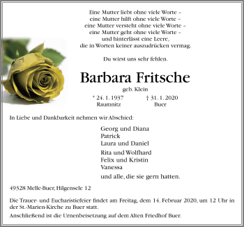 Traueranzeige von Barbara Fritsche von Neue Osnabrücker Zeitung GmbH & Co. KG