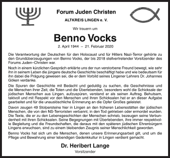 Traueranzeige von Benno Vocks von Neue Osnabrücker Zeitung GmbH & Co. KG