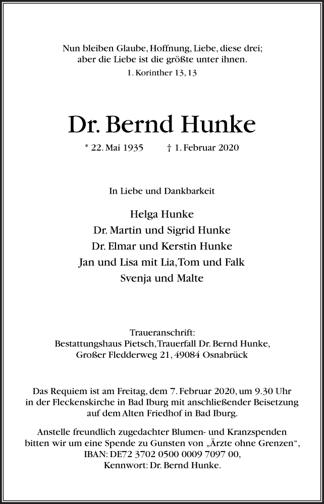  Traueranzeige für Bernd Hunke vom 05.02.2020 aus Neue Osnabrücker Zeitung GmbH & Co. KG