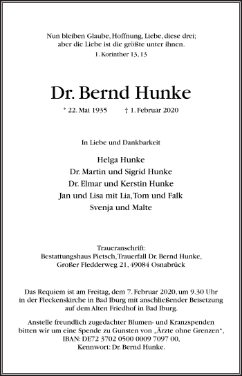 Traueranzeige von Bernd Hunke von Neue Osnabrücker Zeitung GmbH & Co. KG