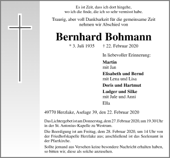 Traueranzeige von Bernhard Bohmann von Neue Osnabrücker Zeitung GmbH & Co. KG