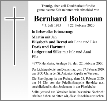 Traueranzeige von Bernhard Bohmann von Neue Osnabrücker Zeitung GmbH & Co. KG