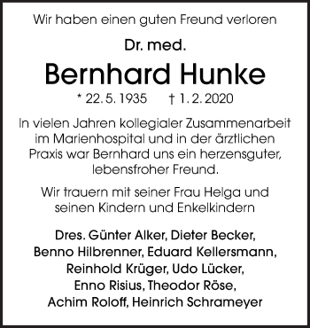 Traueranzeige von Bernhard Hunke von Neue Osnabrücker Zeitung GmbH & Co. KG