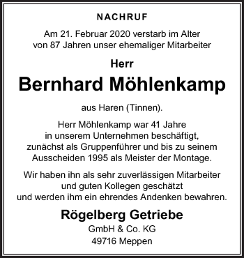 Traueranzeige von Bernhard Möhlenkamp von Neue Osnabrücker Zeitung GmbH & Co. KG