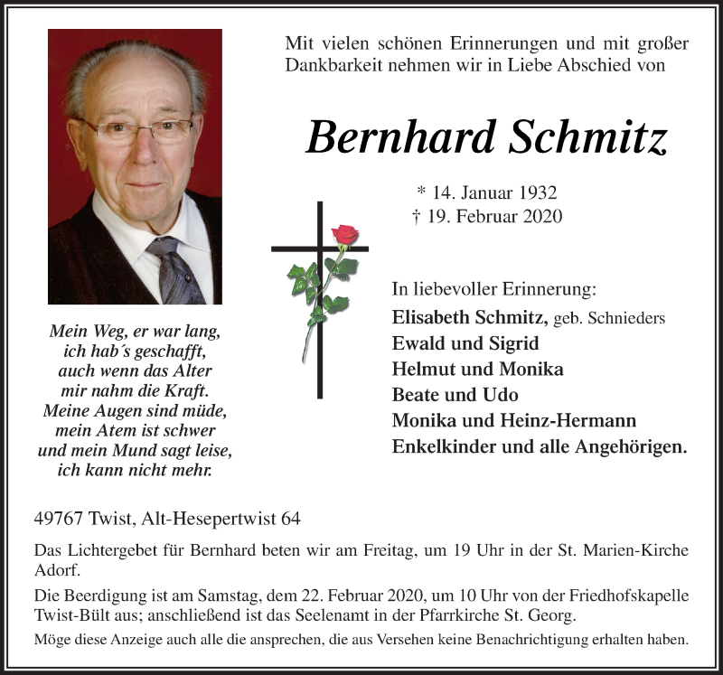  Traueranzeige für Bernhard Schmitz vom 20.02.2020 aus Neue Osnabrücker Zeitung GmbH & Co. KG
