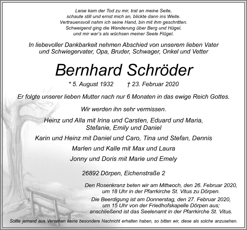  Traueranzeige für Bernhard Schröder vom 25.02.2020 aus Neue Osnabrücker Zeitung GmbH & Co. KG