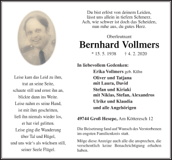 Traueranzeige von Bernhard Vollmers von Neue Osnabrücker Zeitung GmbH & Co. KG
