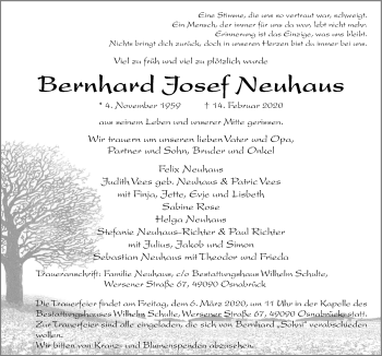 Traueranzeige von Bernhard Josef Neuhaus von Neue Osnabrücker Zeitung GmbH & Co. KG