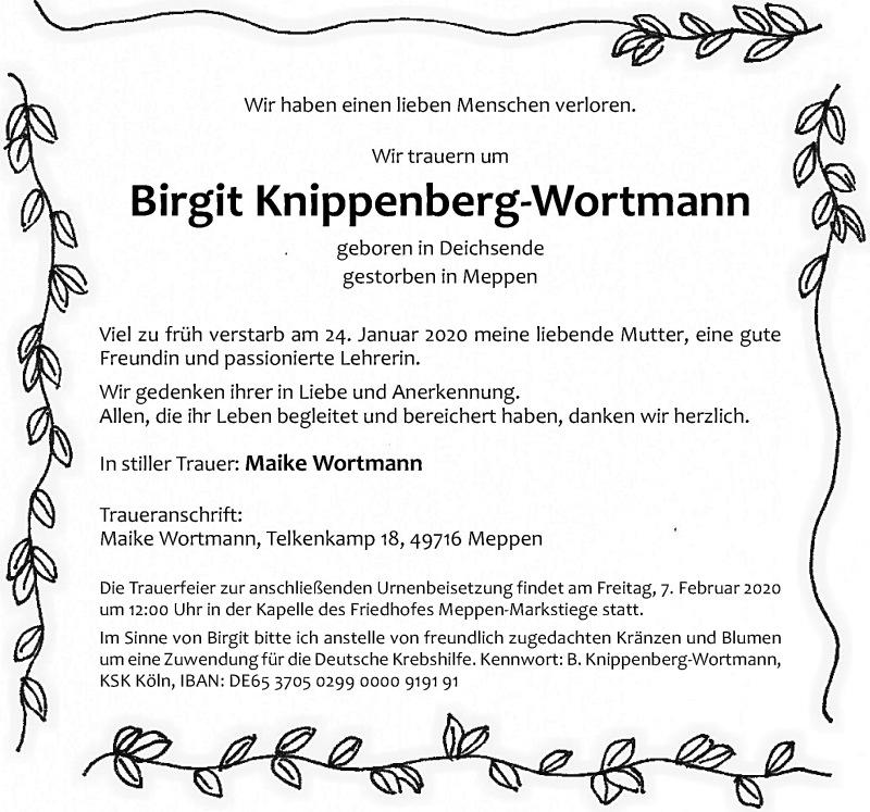  Traueranzeige für Birgit Knippenberg-Wortmann vom 01.02.2020 aus Neue Osnabrücker Zeitung GmbH & Co. KG