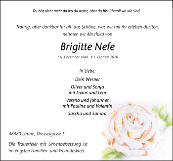 Traueranzeige von Brigitte Nefe von Neue Osnabrücker Zeitung GmbH & Co. KG