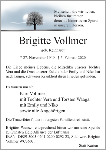 Traueranzeige von Brigitte Vollmer von Neue Osnabrücker Zeitung GmbH & Co. KG