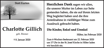 Traueranzeige von Charlotte Gillich von Neue Osnabrücker Zeitung GmbH & Co. KG