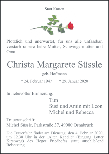 Traueranzeige von Christa Margarete Süssle von Neue Osnabrücker Zeitung GmbH & Co. KG